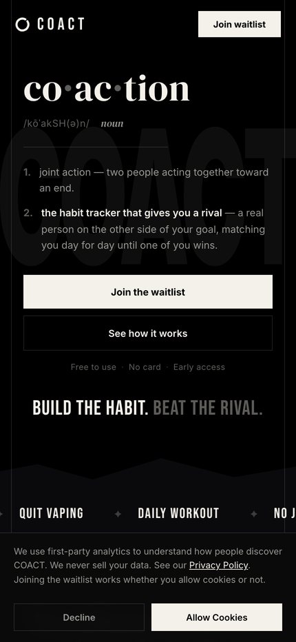 Coact website shown on a mobile phone with a readable headline and a prominent button