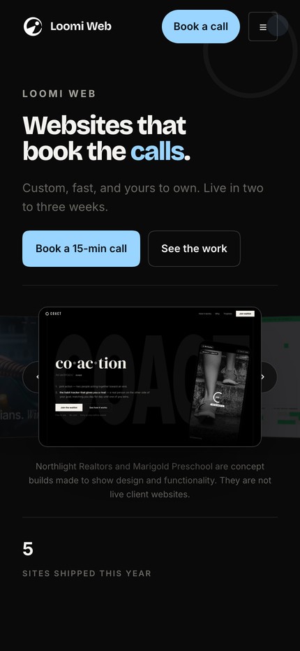 Loomi Web at phone width