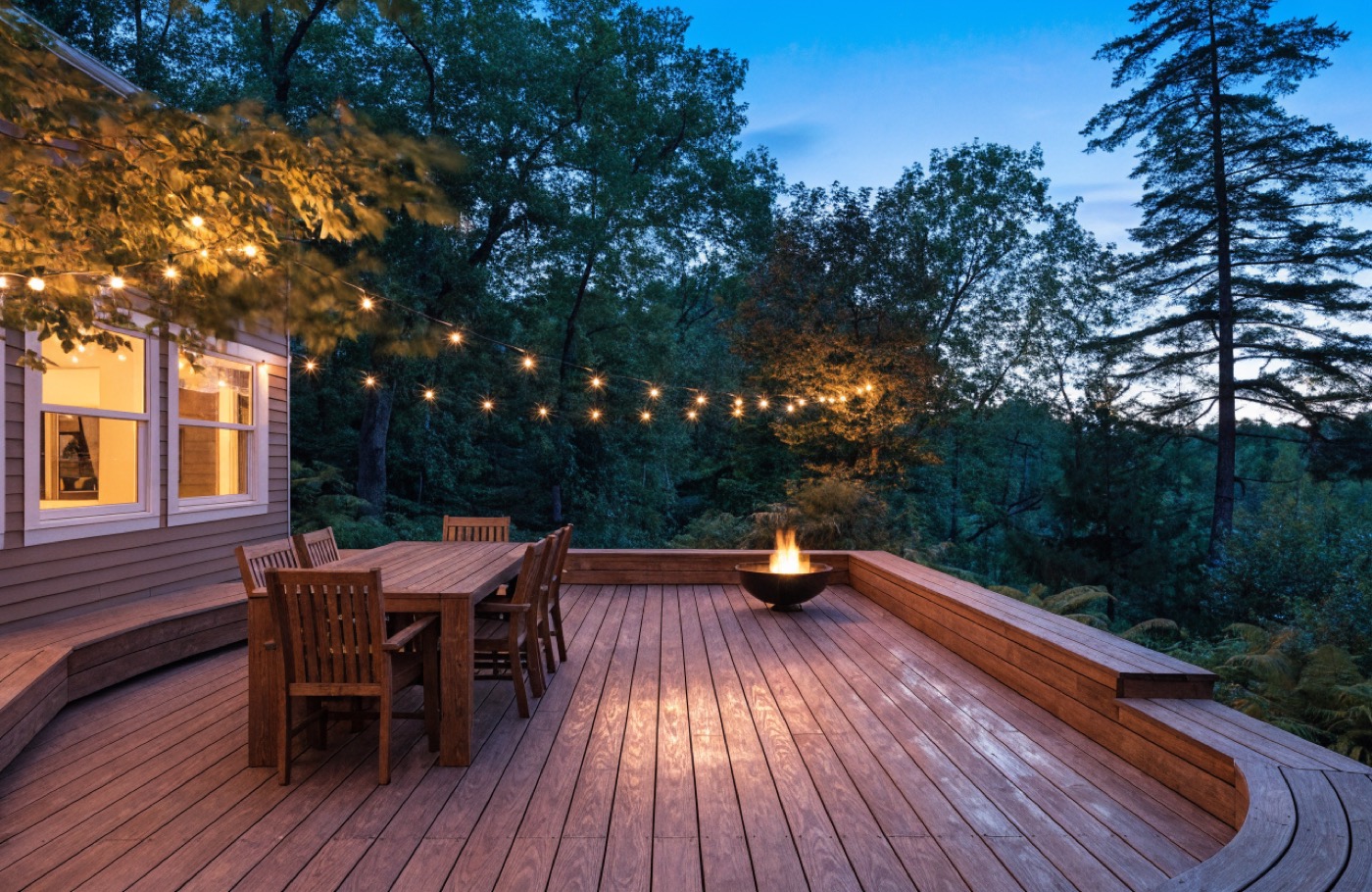 Backyard deck at dusk